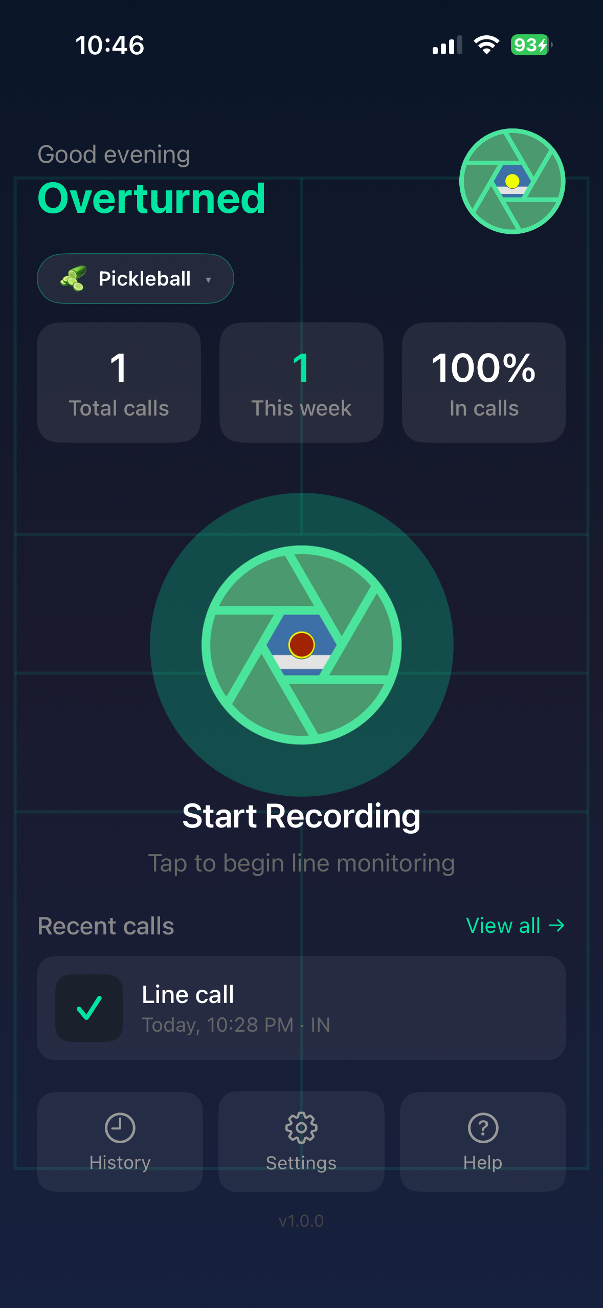 Overturned home screen showing live stats and Start Recording button